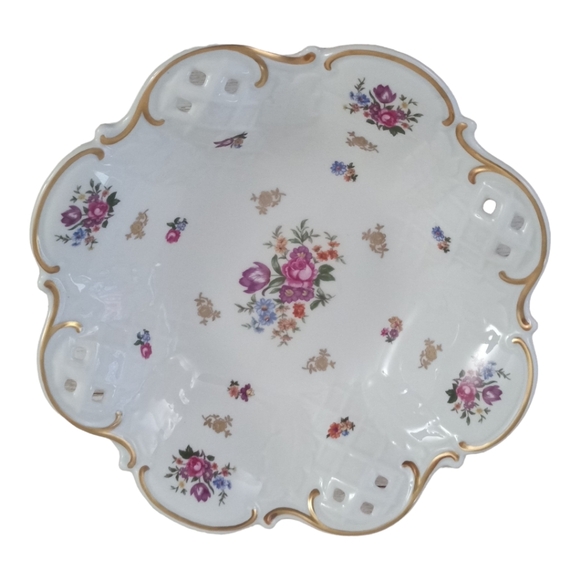 Reichenbach Bone China Bowl Footed 11" White Floral Gold Trim Germany GDR VTG - Picture 7 of 9